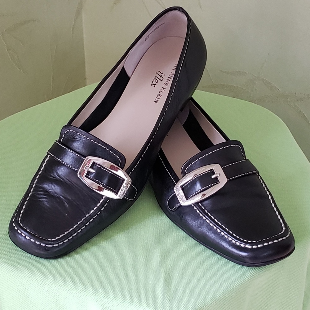 ANNE KLEIN WOMEN'S IFLEX LOAFERS FLATS LEATHER SHOES:PRE-OWNED BLACK/SILVER 9M